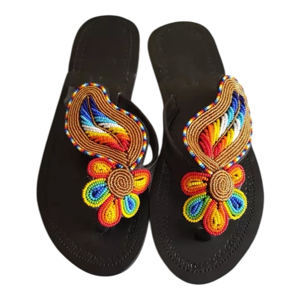 NWOT African Leather Masai Handbead Beach Boho Sandals Size 8.5 - Picture 2 of 6